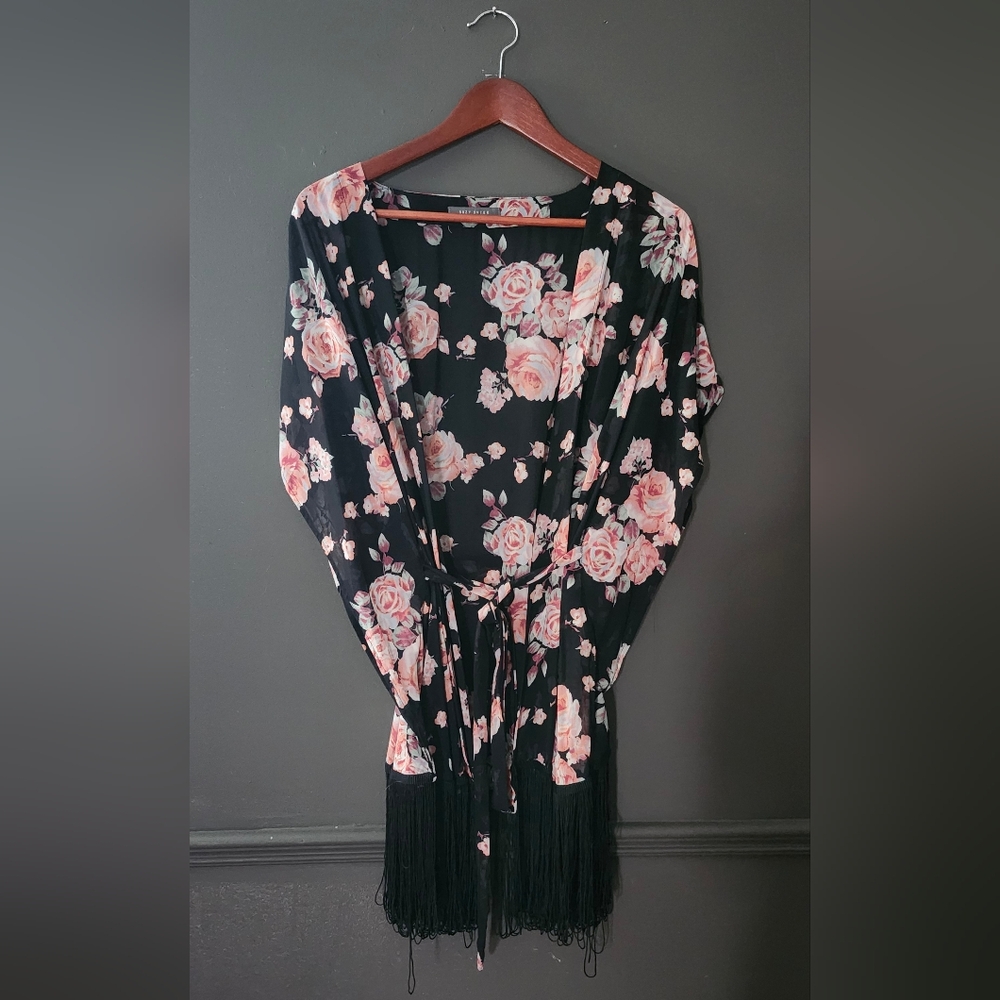 Suzy Shier Black Kimono with Pink Floral Design and Tassel Fringe